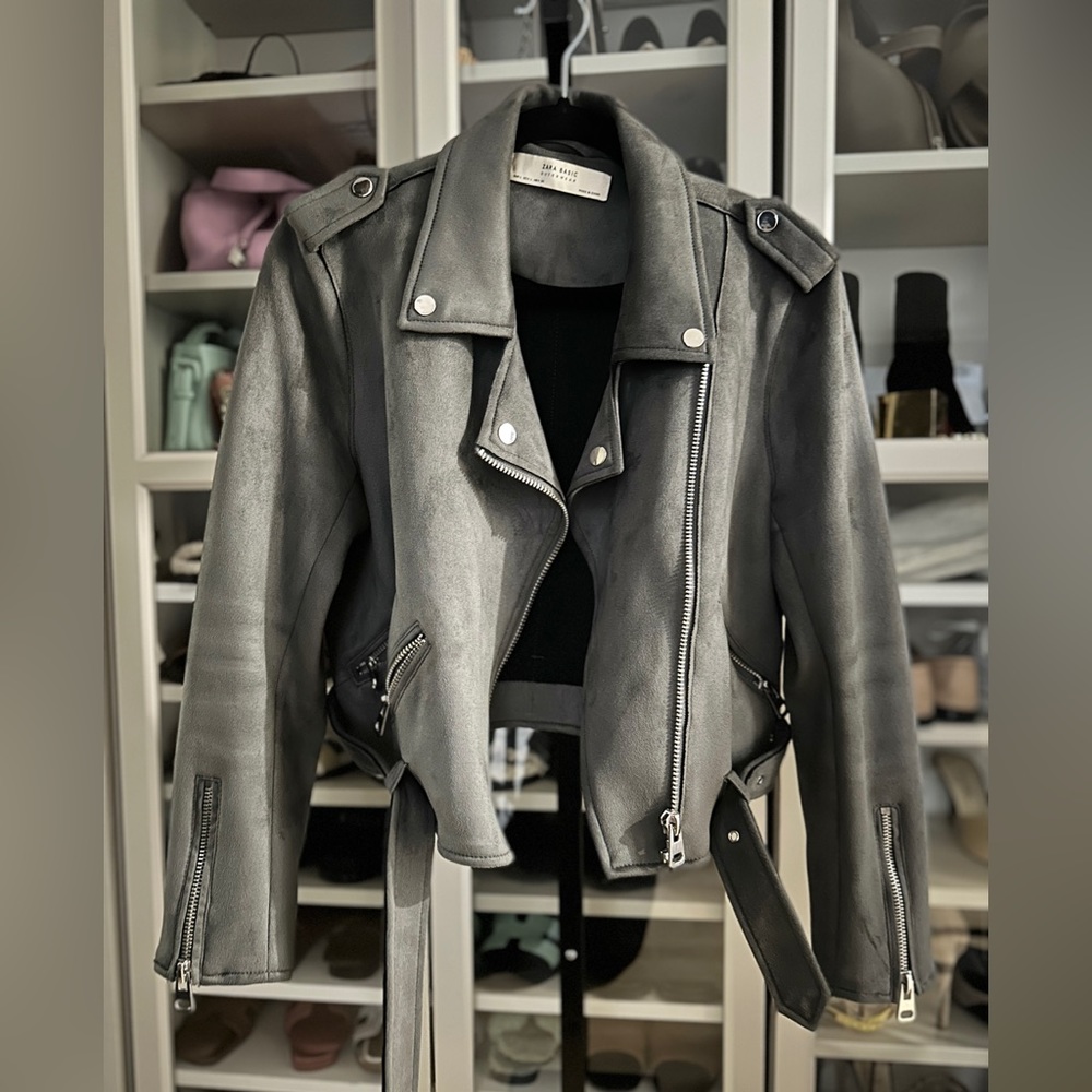 Zara biker jacket in grey faux suede size L